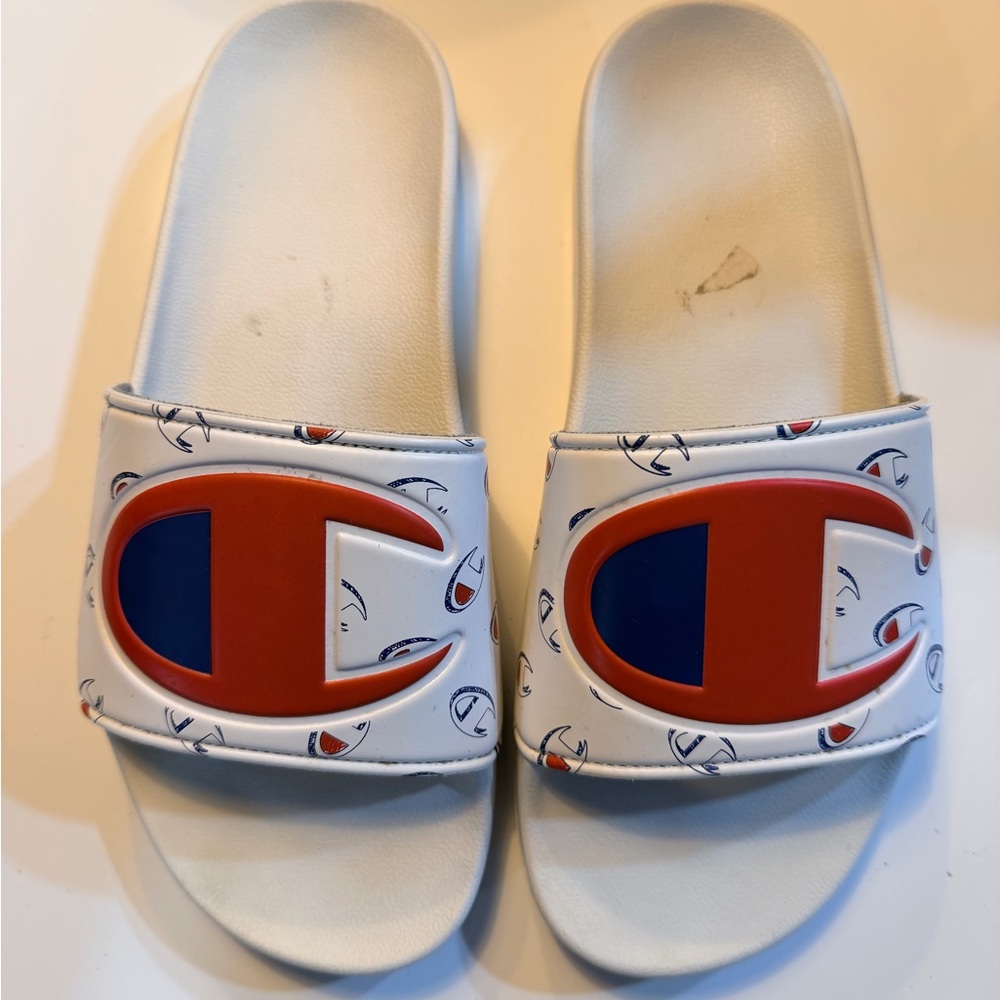 Champion White Slide Sandals with Red & Blue Logo